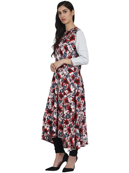 Red Printed 3/4Th Sleeve Rayon Anarkali Kurta | LASVINI - Redefining Indian Fashion with Elegance
