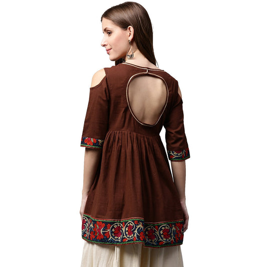 Coffee Color 3/4Th Sleeve Cold Shoulder Cotton Cropped Anarkali Kurta | LASVINI - Redefining Indian Fashion with Elegance