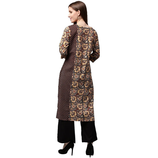 Yellow & Black Printed 3/4Th Sleeve Cotton Straight Kurta | LASVINI - Redefining Indian Fashion with Elegance