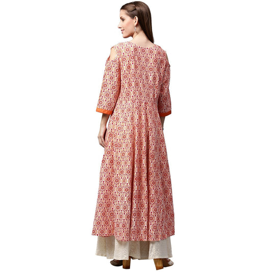 Peach Printed 3/4Th Sleeve Cold Shoulder Cotton Slub Anarkali Kurta | LASVINI - Redefining Indian Fashion with Elegance