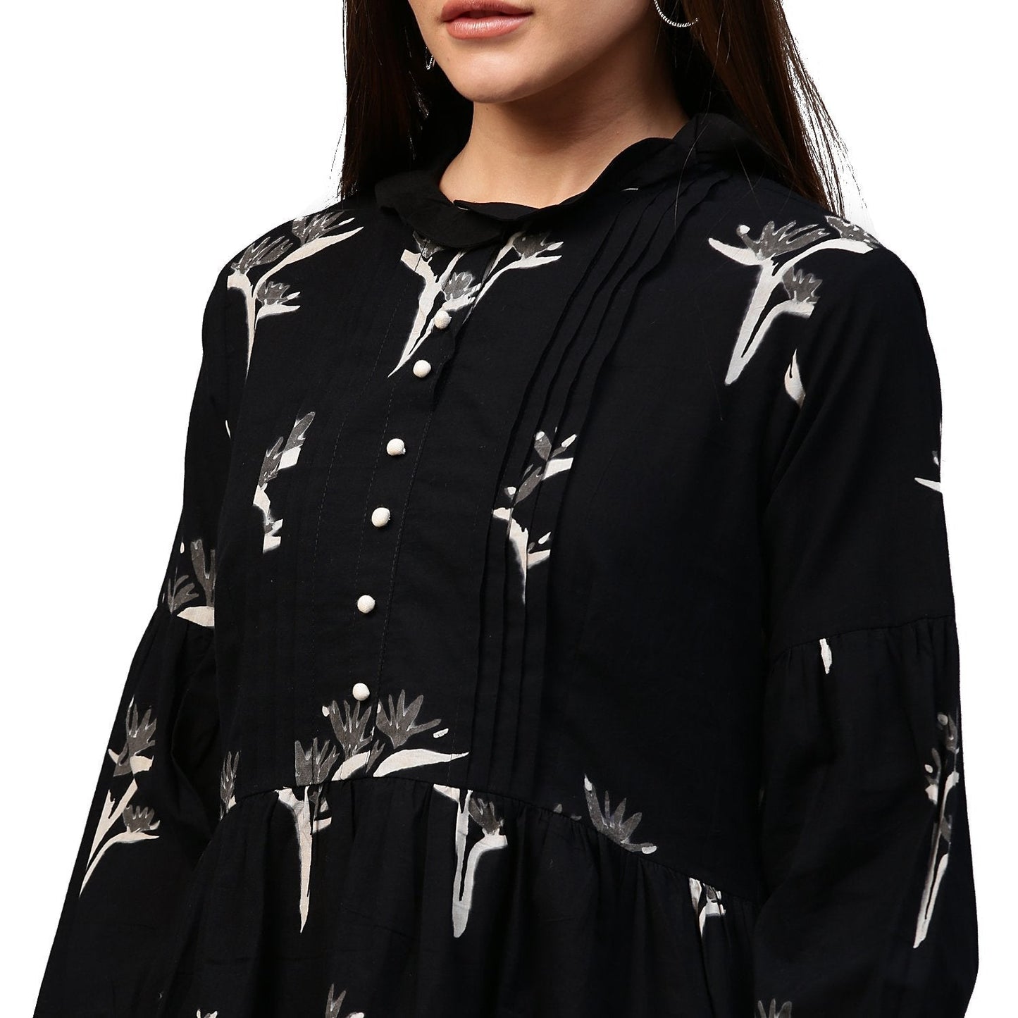 Black Printed 3/4Th Sleeve Cotton Flared Tunic | LASVINI - Redefining Indian Fashion with Elegance