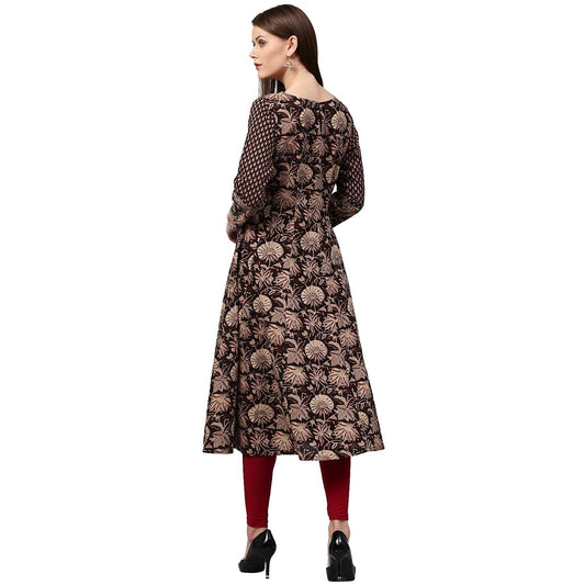 Black Printed Full Sleeve Cotton A-Line Kurta | LASVINI - Redefining Indian Fashion with Elegance