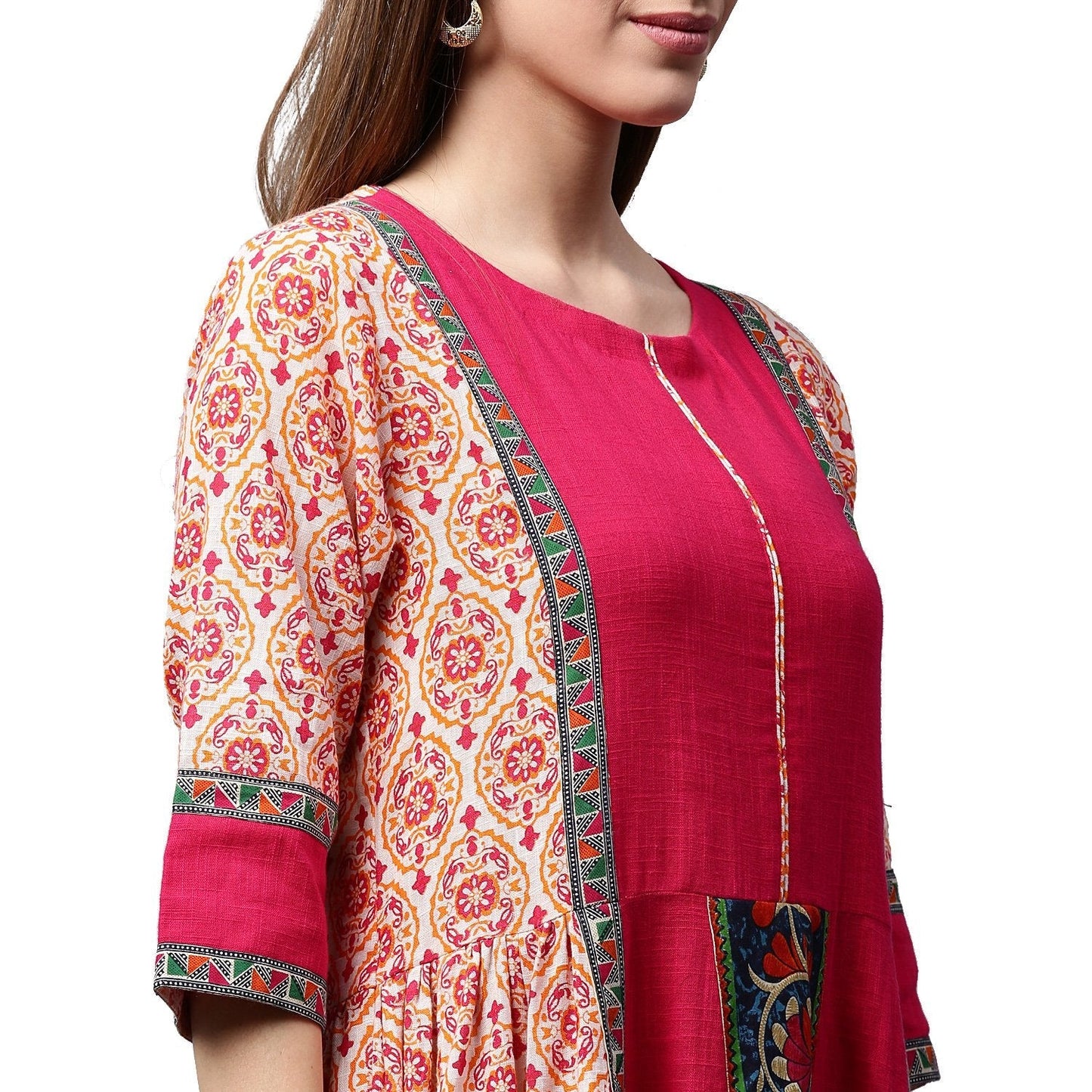 Peach & Pink Printed 3/4Th Sleeve Cotton Slub Anarkali Kurta | LASVINI - Redefining Indian Fashion with Elegance
