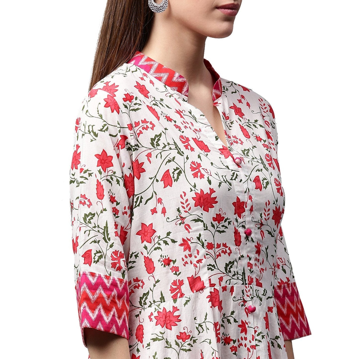 White & Red Printed 3/4Th Sleeve Cotton Anarkali Kurta | LASVINI - Redefining Indian Fashion with Elegance