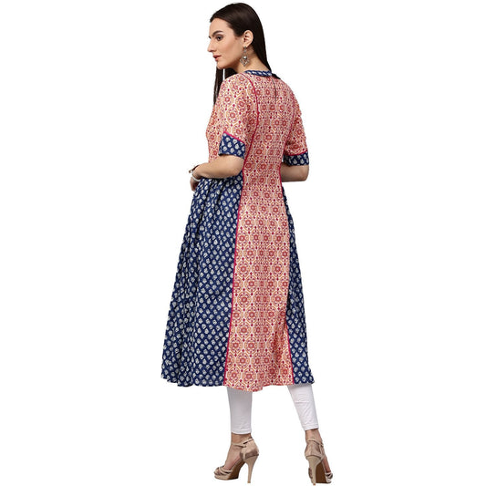 Peach & Blue Printed 3/4Th Sleeve Cotton Slub A-Line Kurta | LASVINI - Redefining Indian Fashion with Elegance