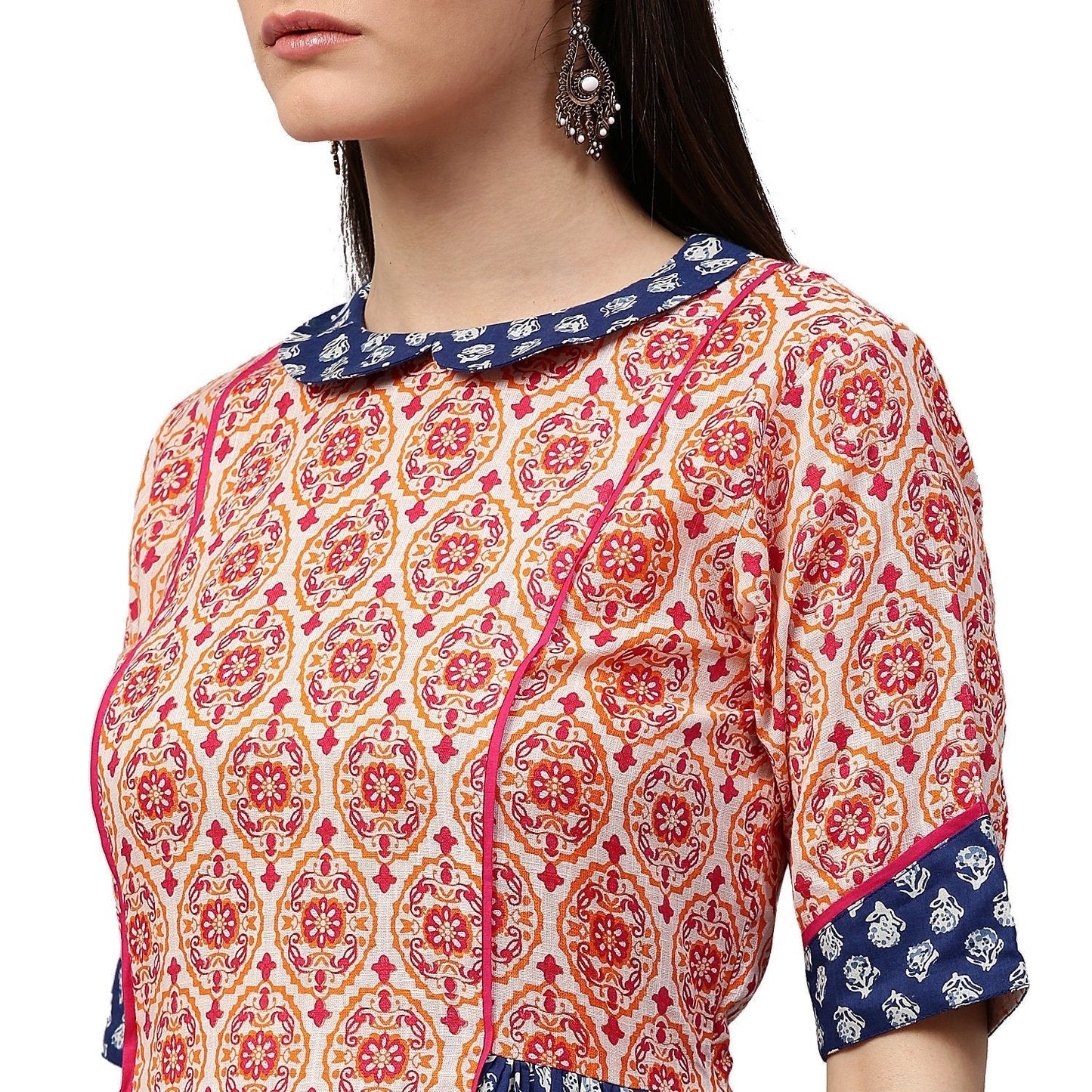 Peach & Blue Printed 3/4Th Sleeve Cotton Slub A-Line Kurta | LASVINI - Redefining Indian Fashion with Elegance
