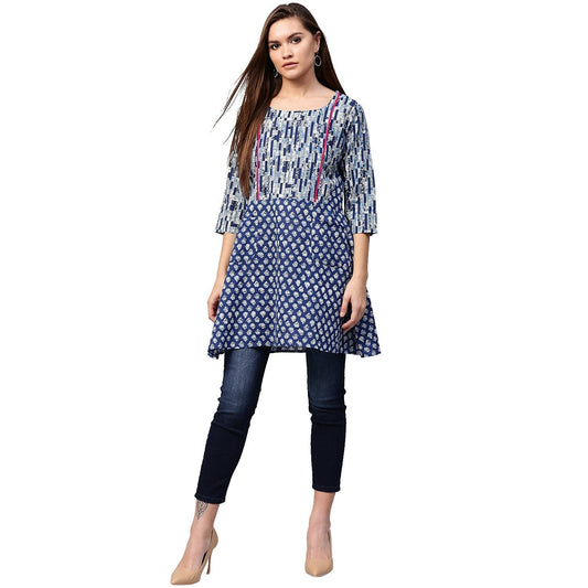 Blue Printed 3/4Th Sleeve Cotton A-Line Tunics | LASVINI - Redefining Indian Fashion with Elegance