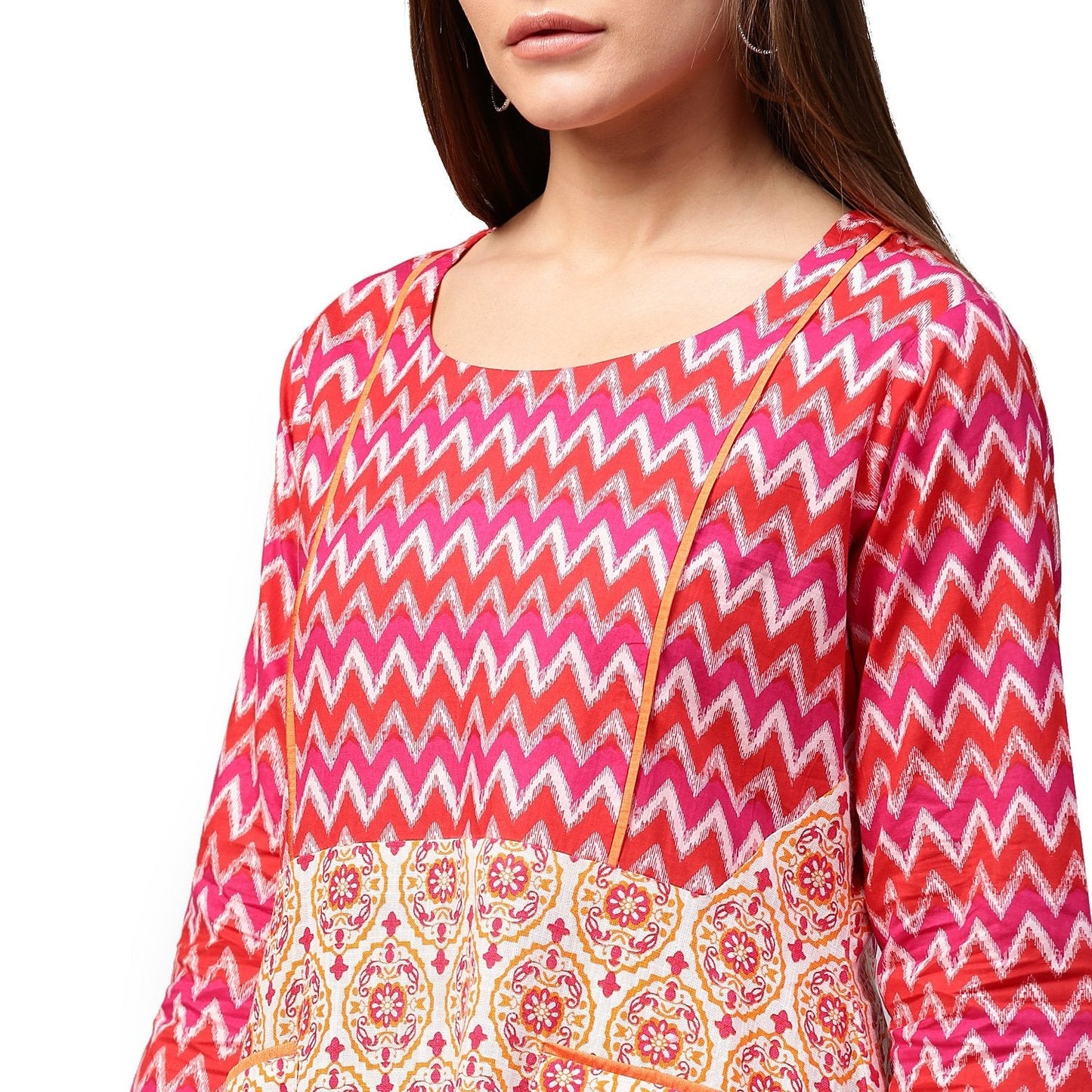 Red & Peach Printed 3/4Th Sleeve Cotton A-Line Tunics | LASVINI - Redefining Indian Fashion with Elegance