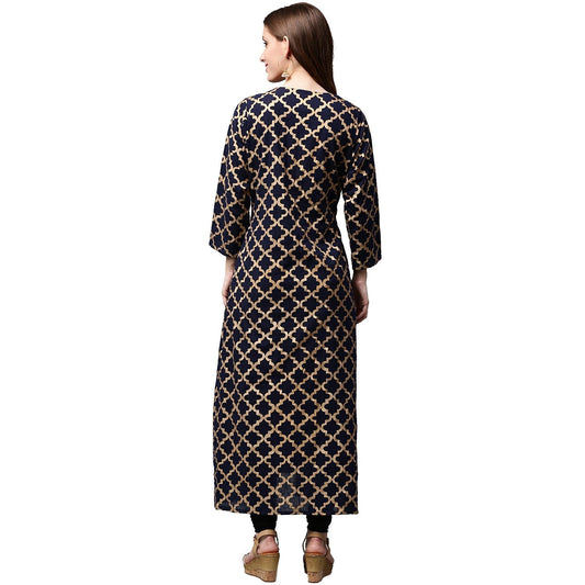 Navy Blue Printed Full Sleeve Cotton Double Layer Anarkali Kurta | LASVINI - Redefining Indian Fashion with Elegance