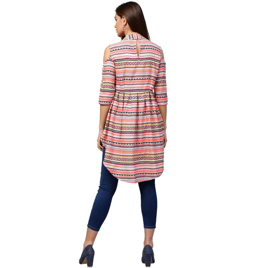 Multi Printed 3/4Th Sleeve Cold Shoulder Assymetric Tunic | LASVINI - Redefining Indian Fashion with Elegance