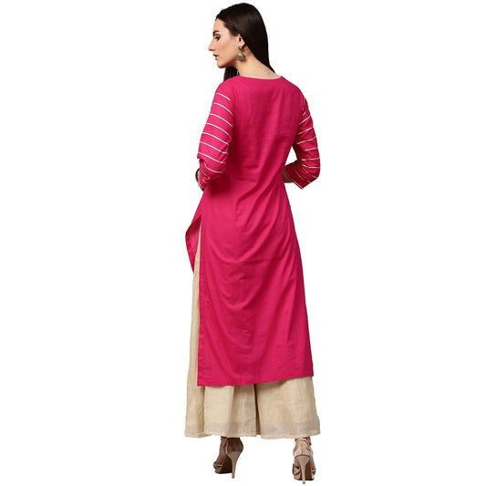 Pink 3/4Th Sleeve Cotton Straight Kurta With Gotta Work | LASVINI - Redefining Indian Fashion with Elegance