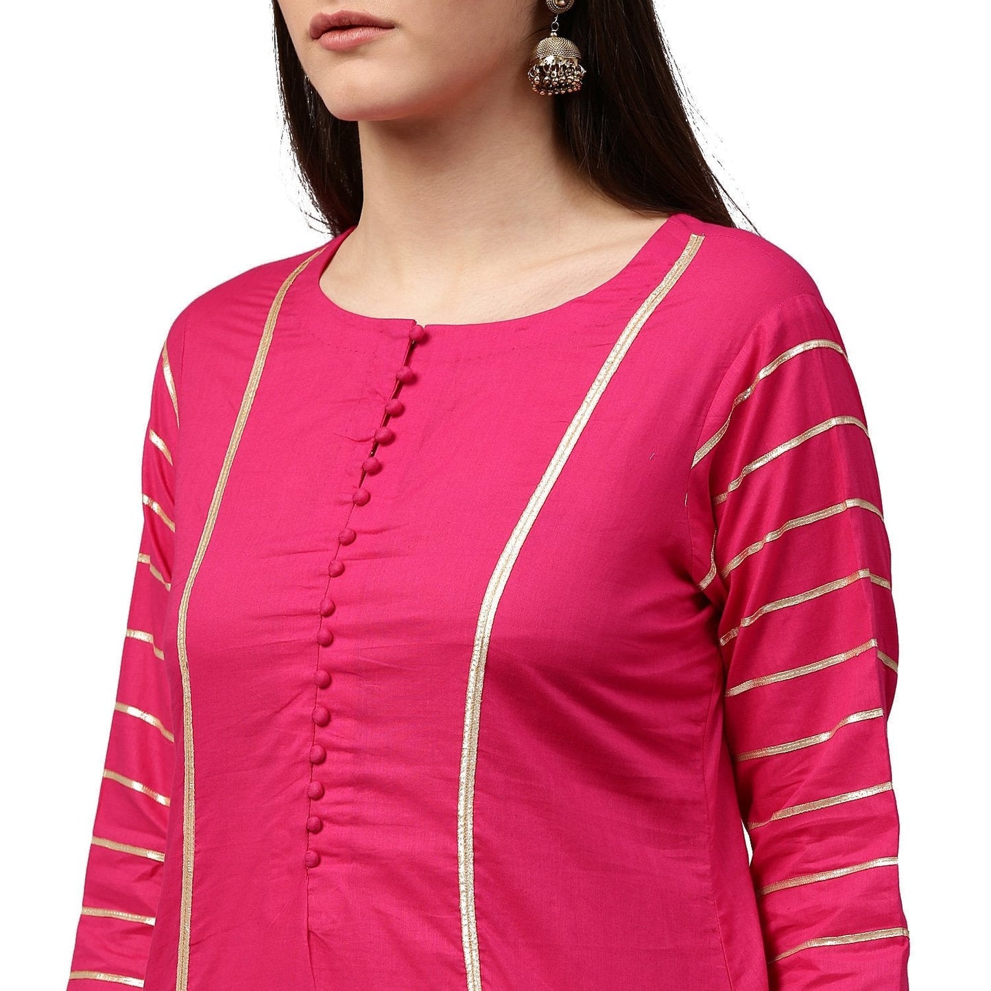 Pink 3/4Th Sleeve Cotton Straight Kurta With Gotta Work | LASVINI - Redefining Indian Fashion with Elegance
