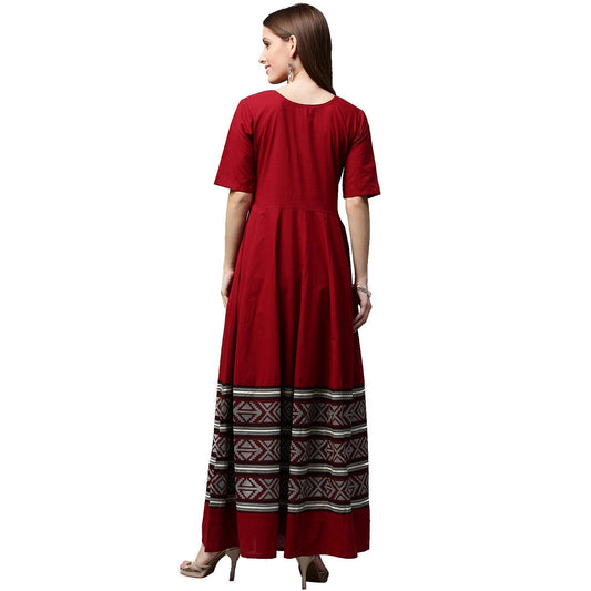 Maroon Printed Half Sleeve Cotton Anarkali Kurta | LASVINI - Redefining Indian Fashion with Elegance
