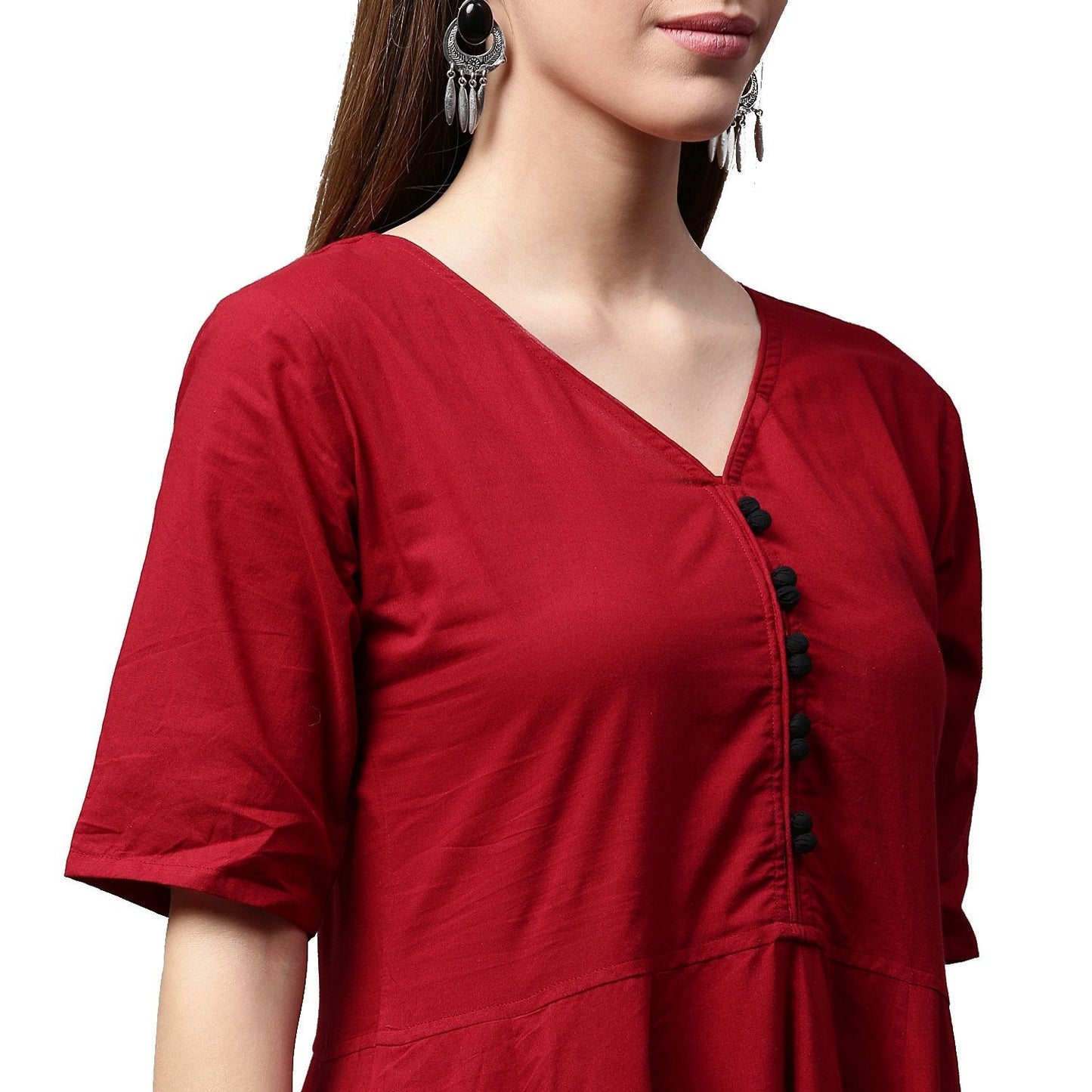 Maroon Printed Half Sleeve Cotton Anarkali Kurta | LASVINI - Redefining Indian Fashion with Elegance