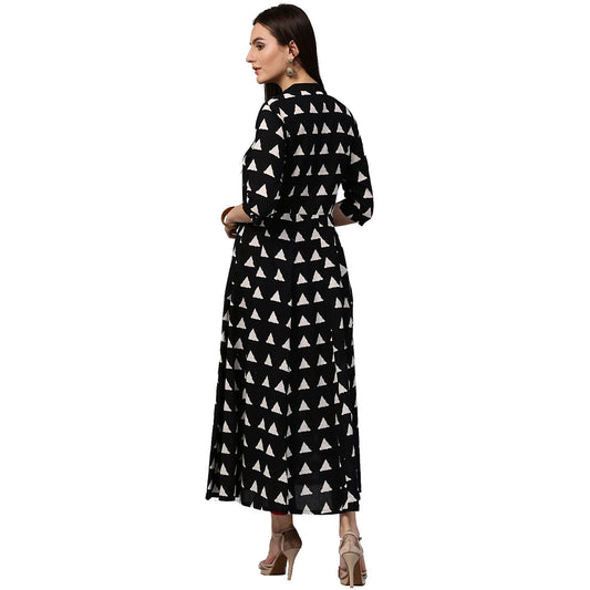 Black Printed 3/4Th Sleeve Cotton Anarkali Kurta | LASVINI - Redefining Indian Fashion with Elegance