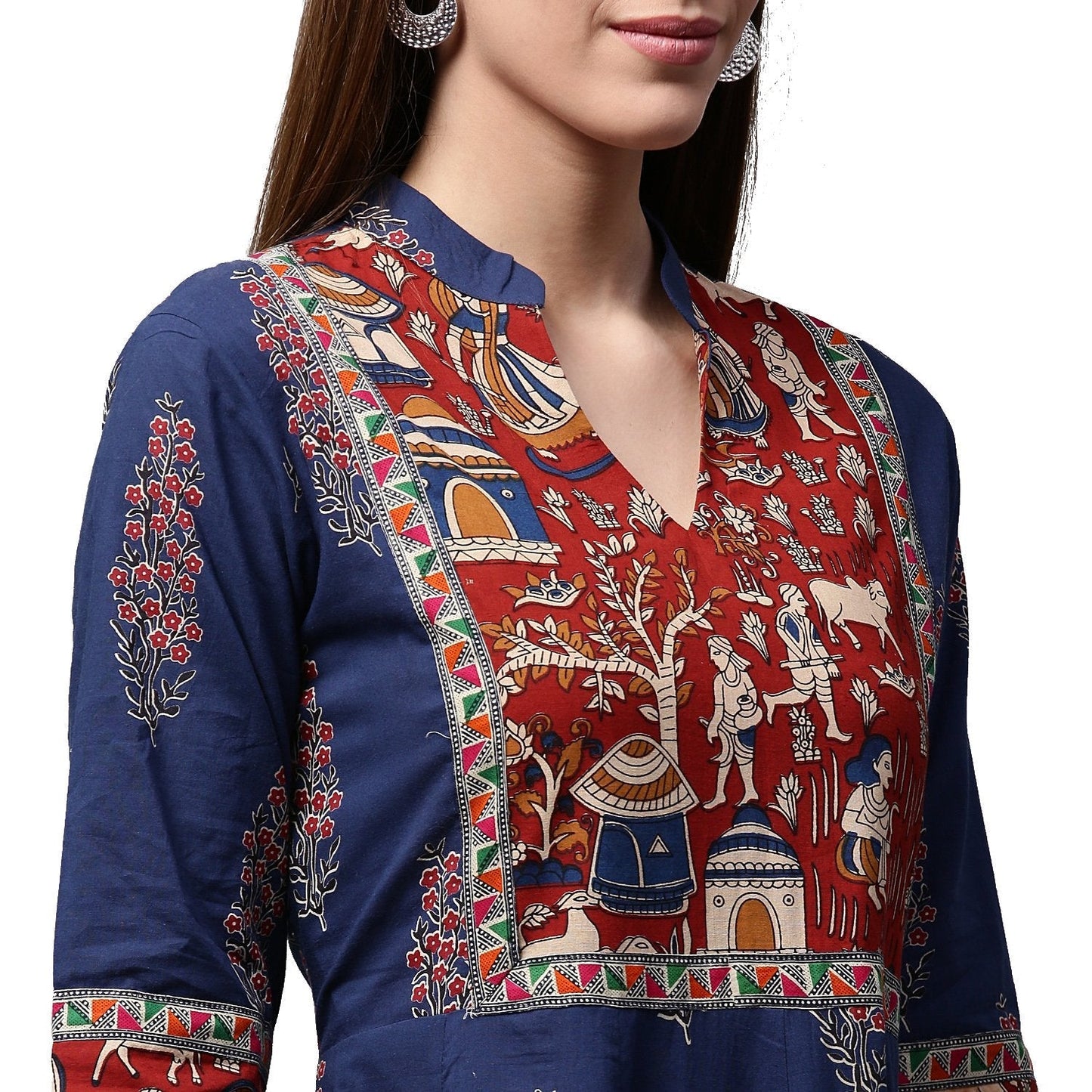 Blue Printed 3/4Th Sleeve Cotton Anarkali Kurta | LASVINI - Redefining Indian Fashion with Elegance