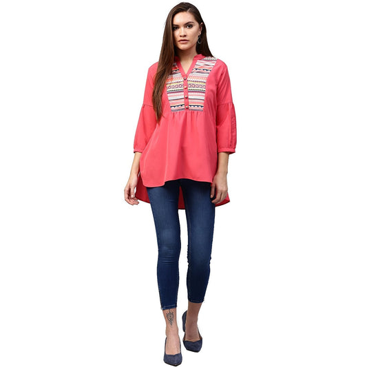 Peach 3/4Th Sleeve Crepe Low High Tunic With Printed Yoke | LASVINI - Redefining Indian Fashion with Elegance