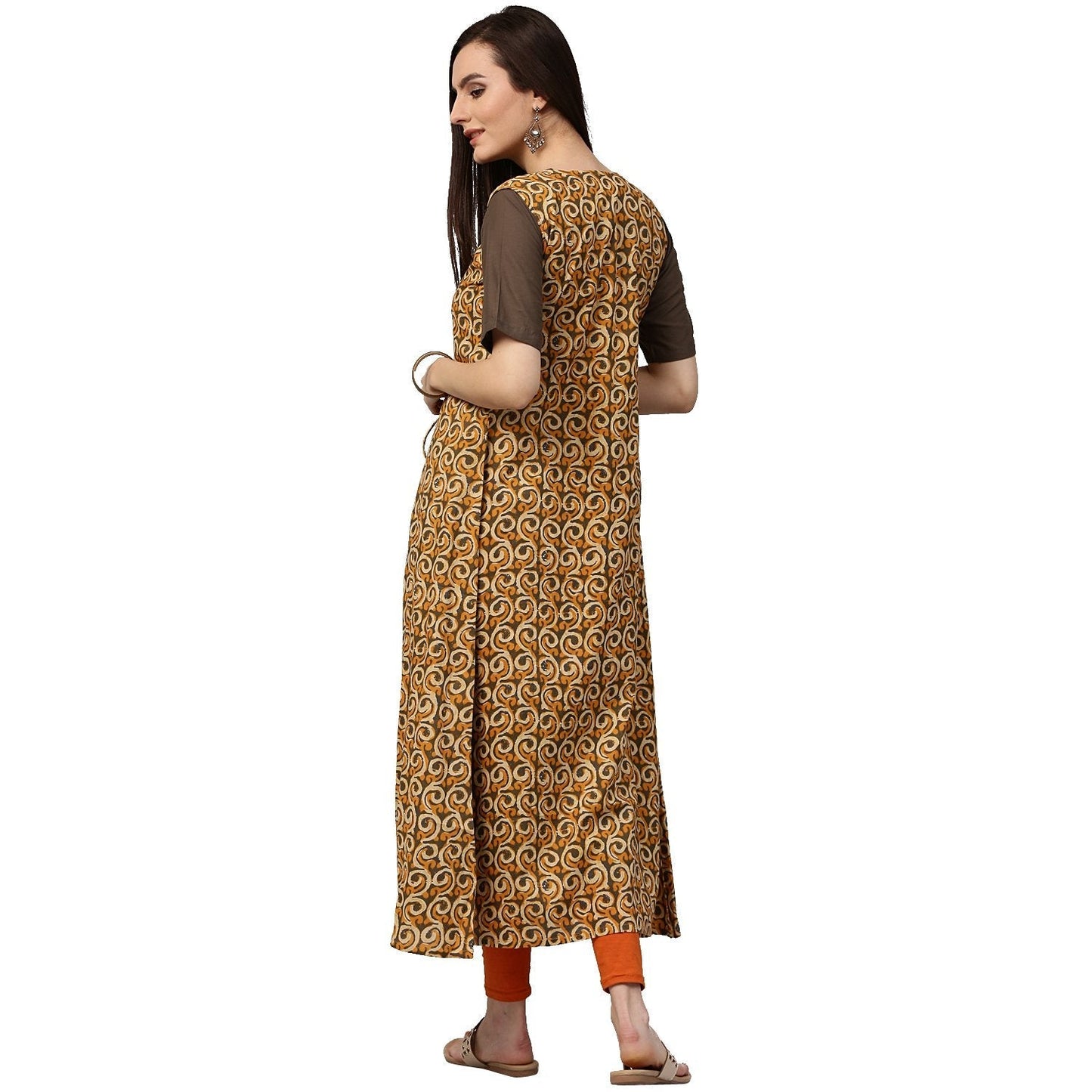 Dark Green Half Sleeve Cotton Kurta With Yellow Printed Floor Length Jacket | LASVINI - Redefining Indian Fashion with Elegance