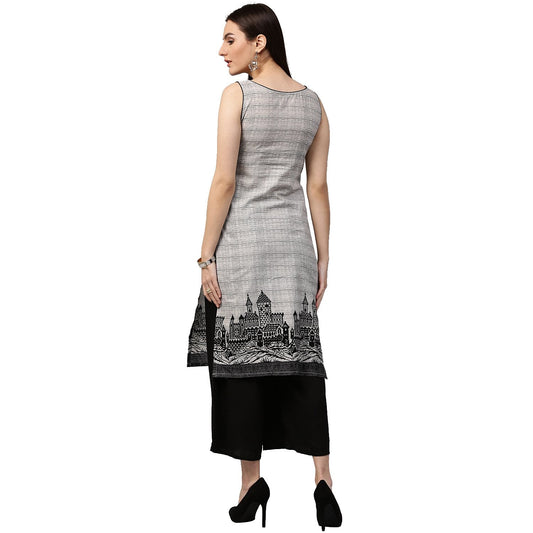 Beige Printed Sleeveless Cotton Straight Kurta | LASVINI - Redefining Indian Fashion with Elegance