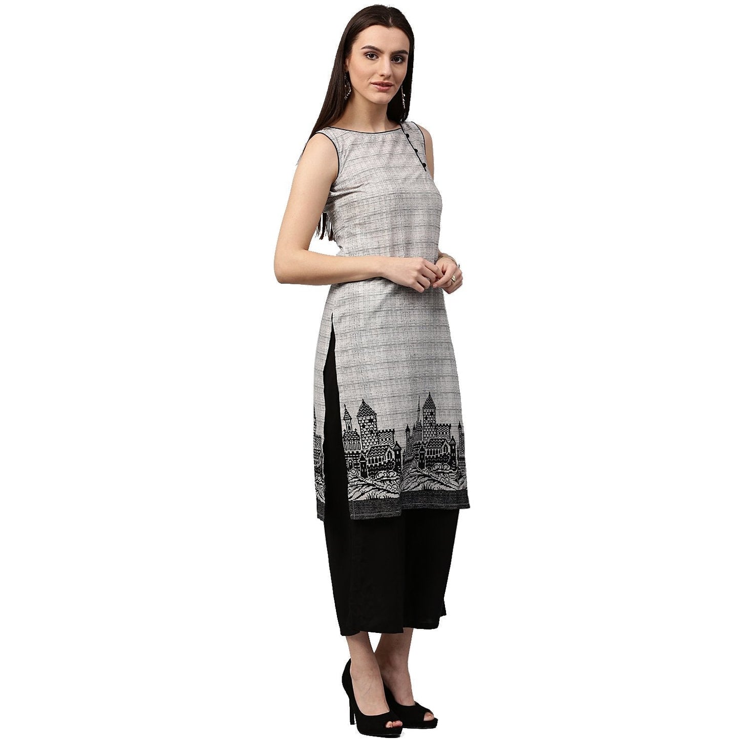 Beige Printed Sleeveless Cotton Straight Kurta | LASVINI - Redefining Indian Fashion with Elegance