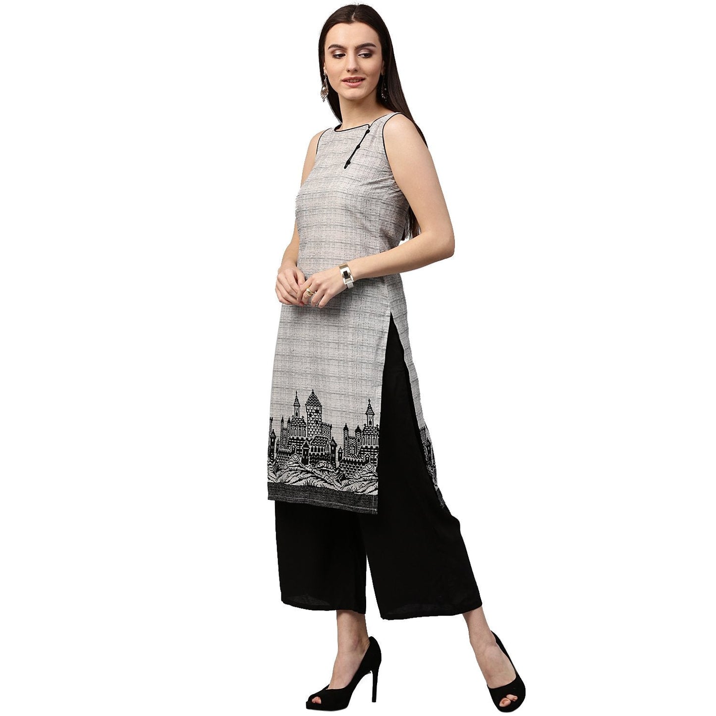 Beige Printed Sleeveless Cotton Straight Kurta | LASVINI - Redefining Indian Fashion with Elegance