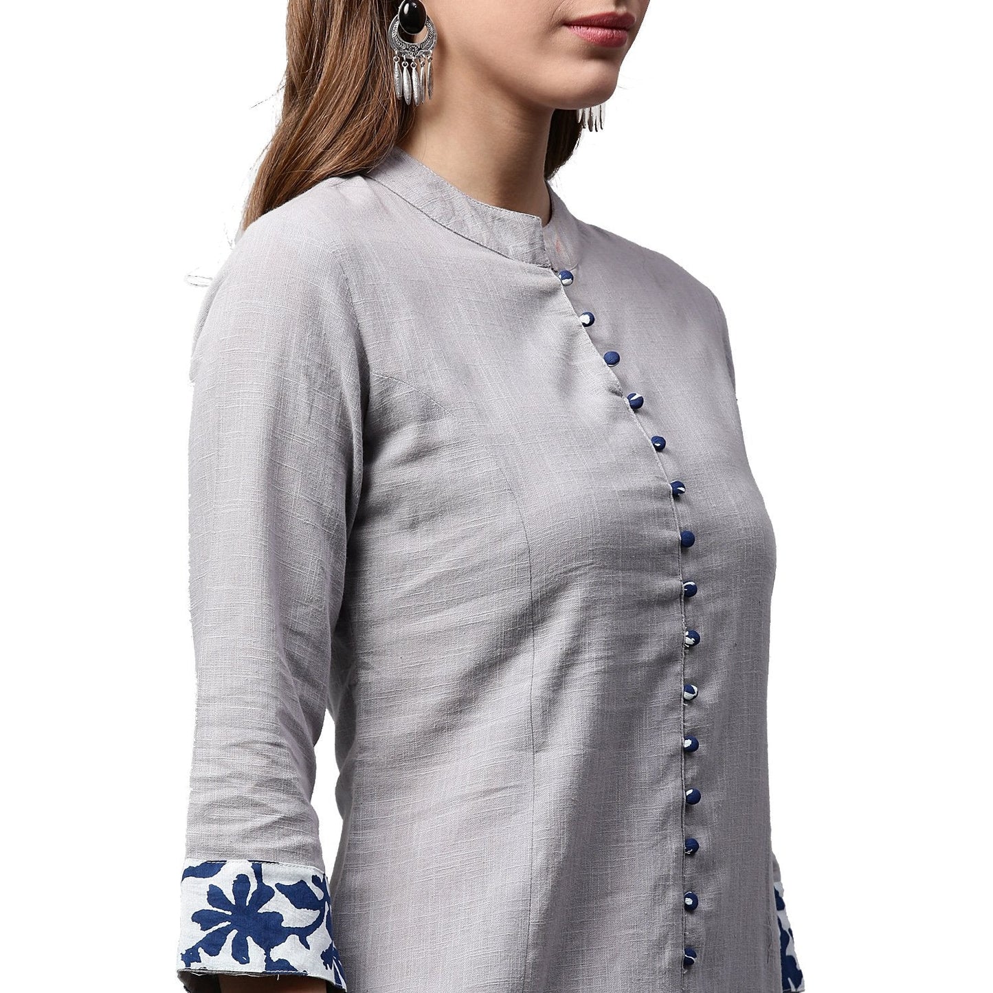Off White 3/4Th Sleeve Cotton A-Line Kurta | LASVINI - Redefining Indian Fashion with Elegance