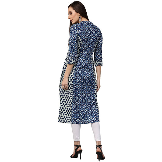 Blue Printed 3/4Th Sleeve Cotton A-Line Kurta | LASVINI - Redefining Indian Fashion with Elegance
