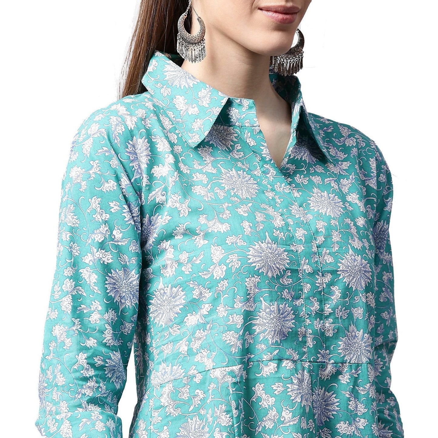 Blue Printed 3/4Th Sleeve Cotton A-Line Kurta | LASVINI - Redefining Indian Fashion with Elegance