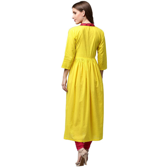 Yellow 3/4Th Sleeve Cotton Anarkali Kurta | LASVINI - Redefining Indian Fashion with Elegance