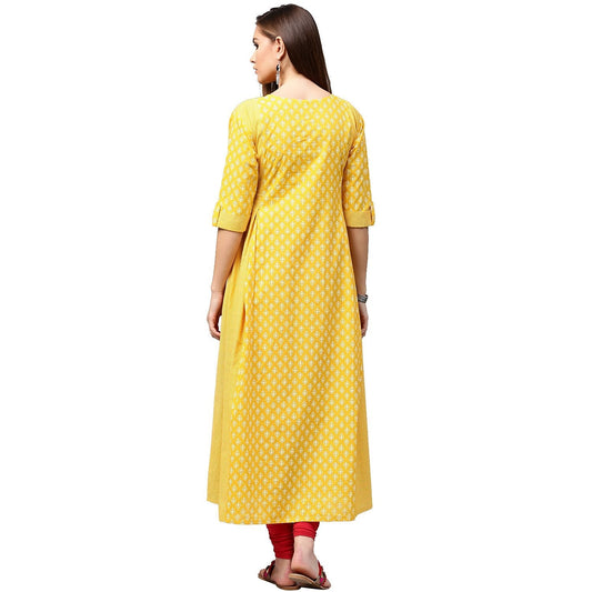 Yellow Printed 3/4Th Sleeve Cotton A-Line Kurta | LASVINI - Redefining Indian Fashion with Elegance