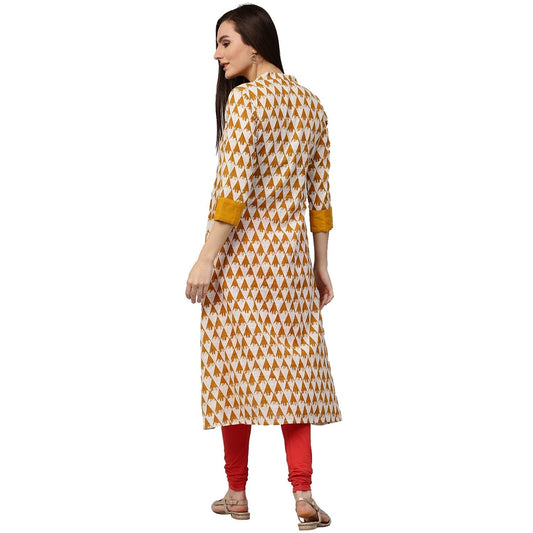 Yellow Printed 3/4Th Sleeve Cotton A-Line Kurta | LASVINI - Redefining Indian Fashion with Elegance