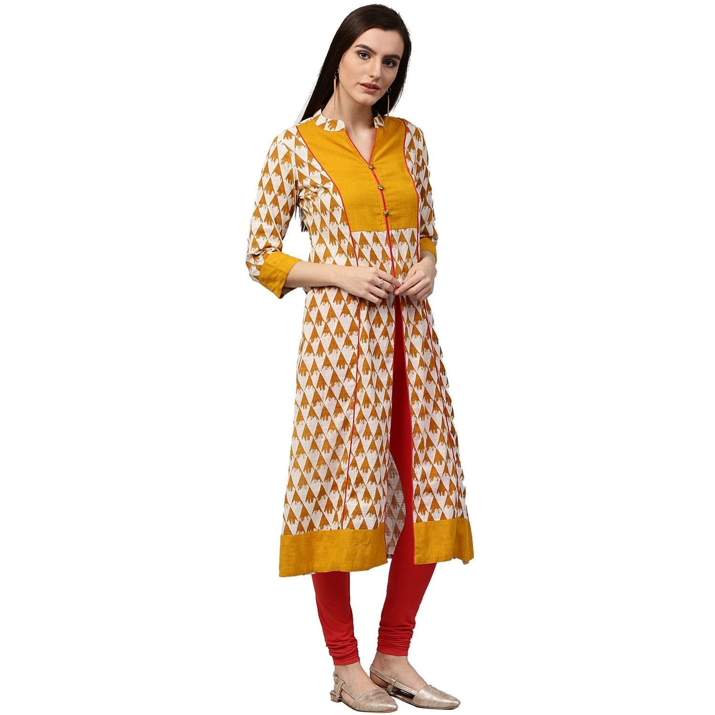 Yellow Printed 3/4Th Sleeve Cotton A-Line Kurta | LASVINI - Redefining Indian Fashion with Elegance