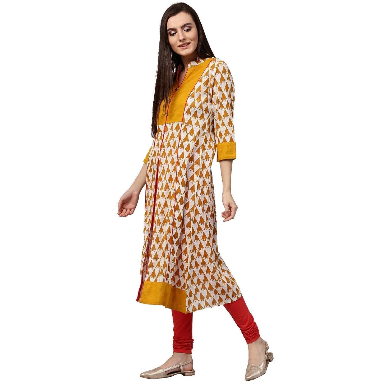 Yellow Printed 3/4Th Sleeve Cotton A-Line Kurta | LASVINI - Redefining Indian Fashion with Elegance