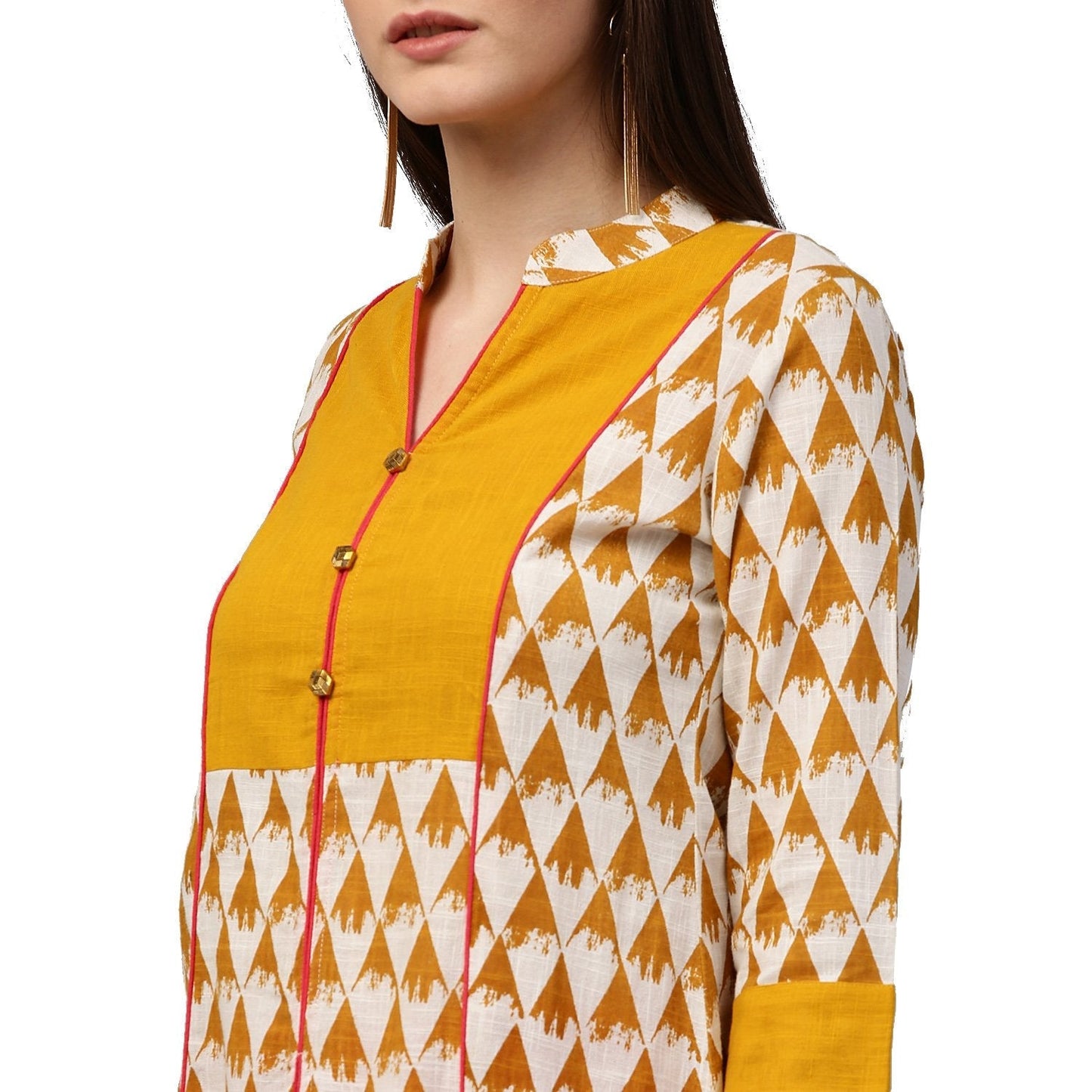 Yellow Printed 3/4Th Sleeve Cotton A-Line Kurta | LASVINI - Redefining Indian Fashion with Elegance