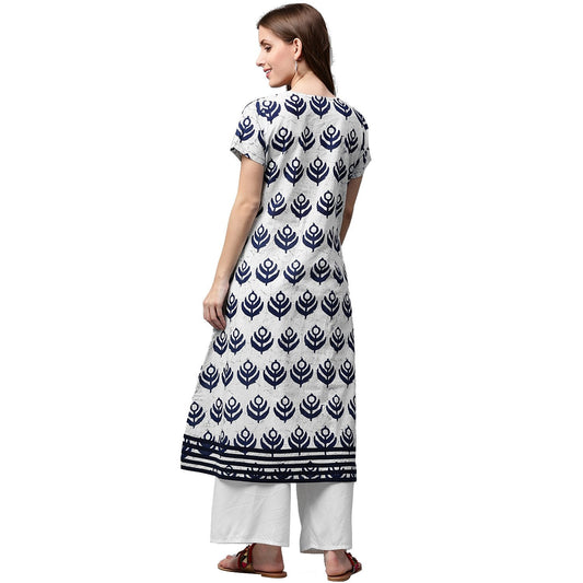 Blue Printed Short Sleeve Cotton A-Line Kurta | LASVINI - Redefining Indian Fashion with Elegance