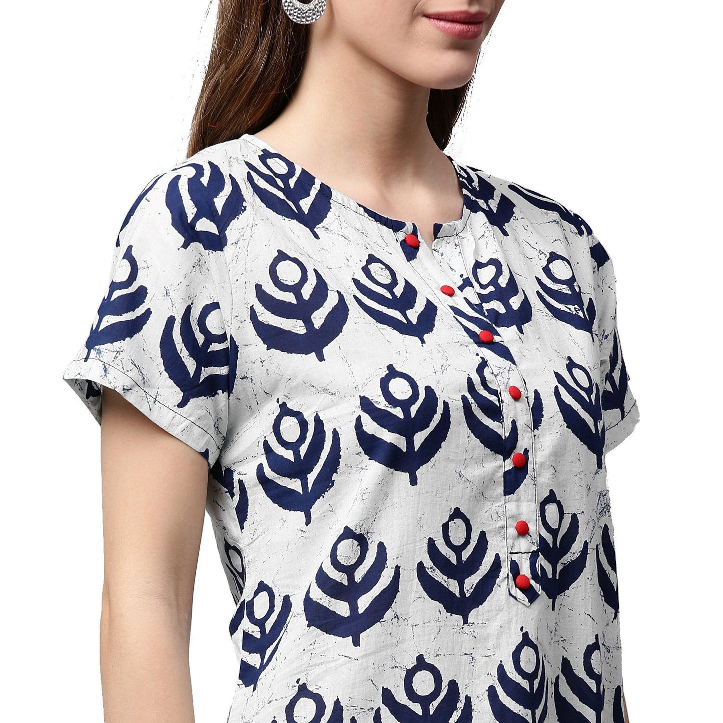 Blue Printed Short Sleeve Cotton A-Line Kurta | LASVINI - Redefining Indian Fashion with Elegance