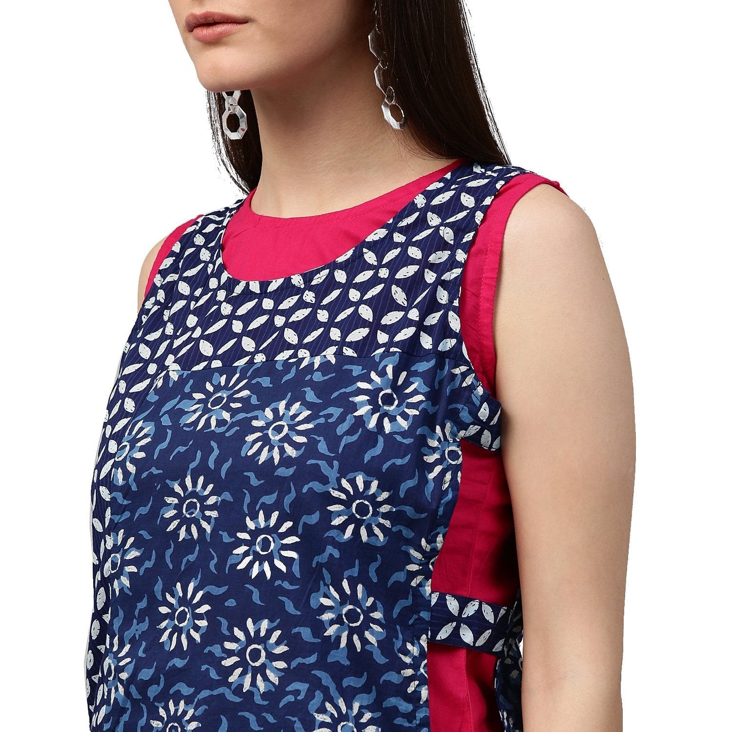 Pink & Blue Printed Sleeveless Cotton Double Layer Kurta | LASVINI - Redefining Indian Fashion with Elegance