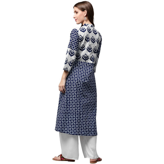 Blue Printed 3/4Th Sleeve Cotton A-Line Kurta | LASVINI - Redefining Indian Fashion with Elegance