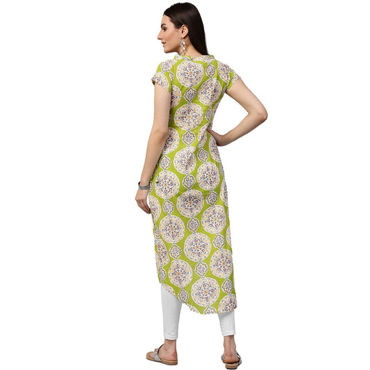 Green & Pink Printed Short Sleeve Cotton Assymetric Kurta | LASVINI - Redefining Indian Fashion with Elegance