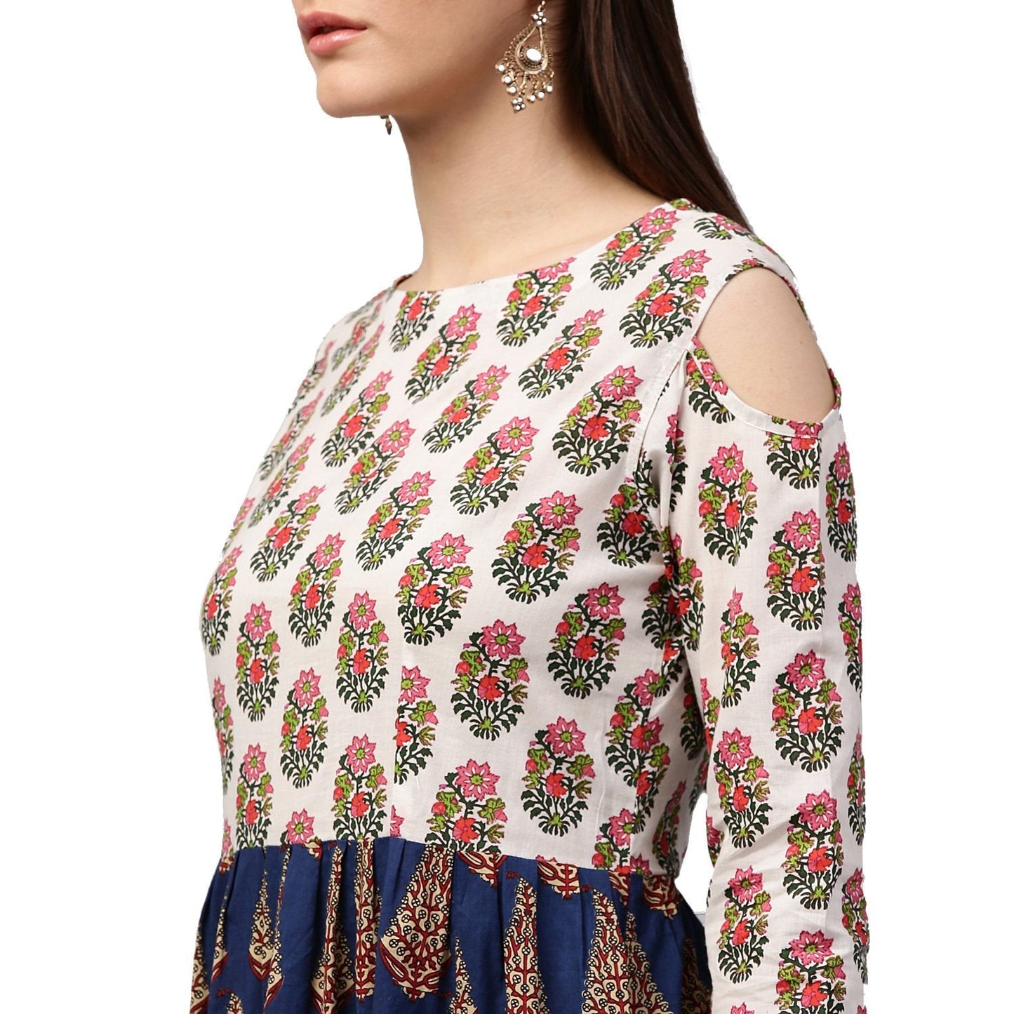 Blue Printed 3/4Th Sleeve Cold Shoulder Cotton Anarkali Kurta | LASVINI - Redefining Indian Fashion with Elegance