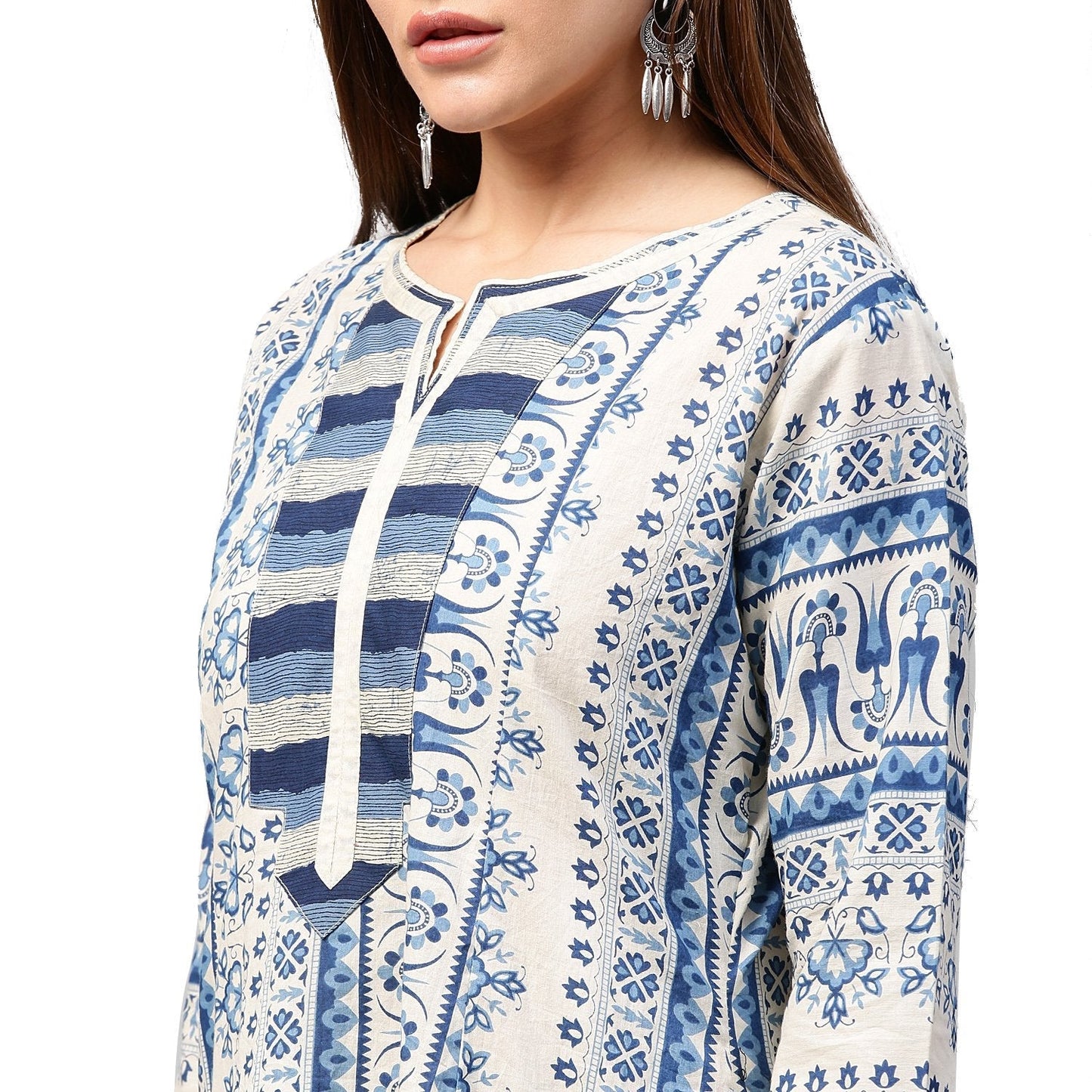 Blue Printed 3/4Th Sleeve Cotton A-Line Kurta | LASVINI - Redefining Indian Fashion with Elegance