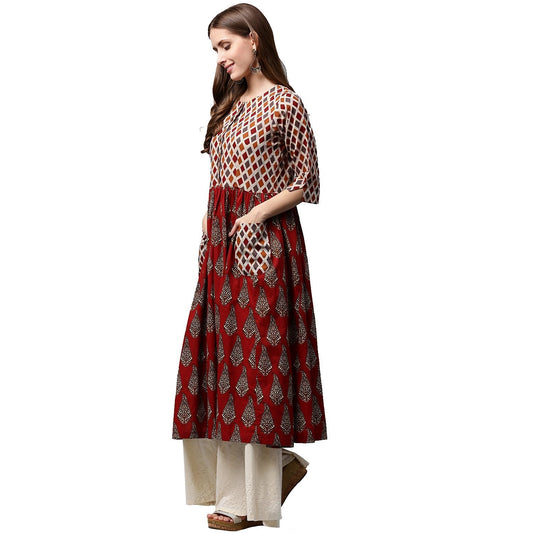 Red Printed 3/4Th Sleeve Cotton Anarkali Kurta | LASVINI - Redefining Indian Fashion with Elegance