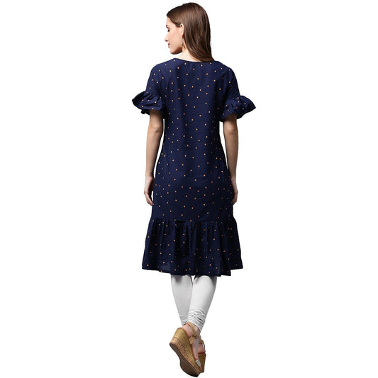 Blue Printed Half Sleeve Cotton A-Line Kurta | LASVINI - Redefining Indian Fashion with Elegance