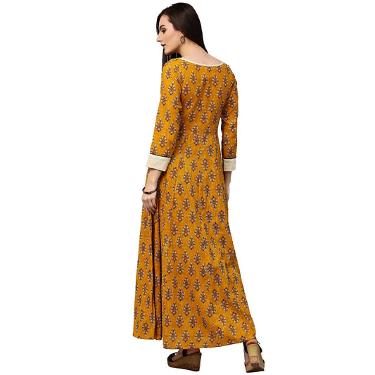 Yellow Printed 3/4Th Sleeve Cotton A-Line Kurta | LASVINI - Redefining Indian Fashion with Elegance
