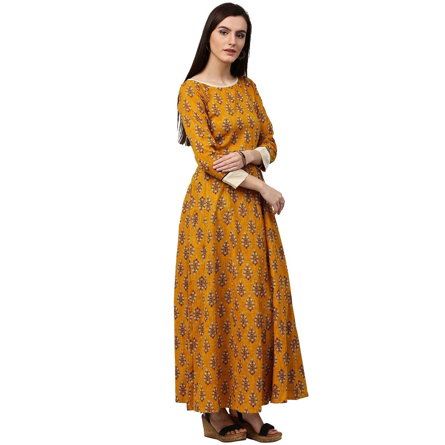 Yellow Printed 3/4Th Sleeve Cotton A-Line Kurta | LASVINI - Redefining Indian Fashion with Elegance