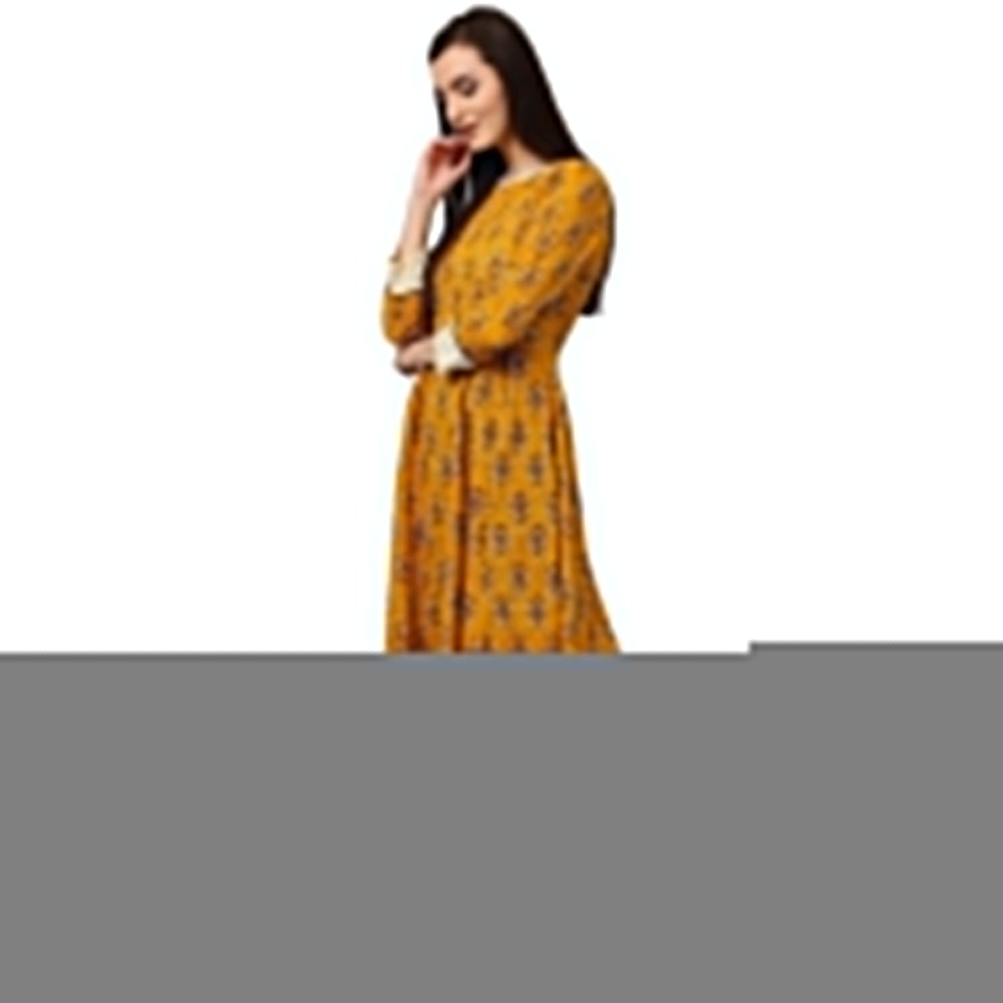 Yellow Printed 3/4Th Sleeve Cotton A-Line Kurta | LASVINI - Redefining Indian Fashion with Elegance