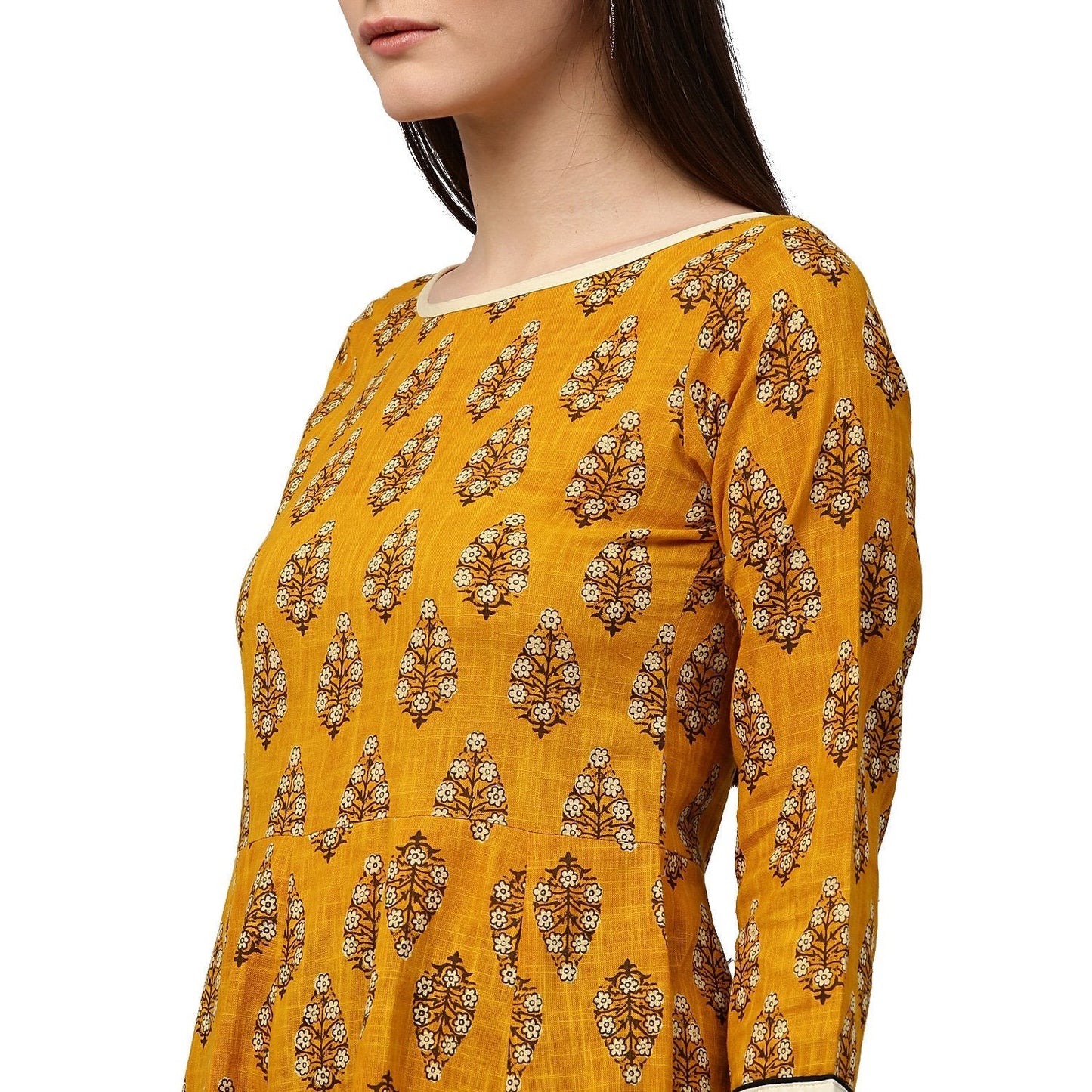 Yellow Printed 3/4Th Sleeve Cotton A-Line Kurta | LASVINI - Redefining Indian Fashion with Elegance