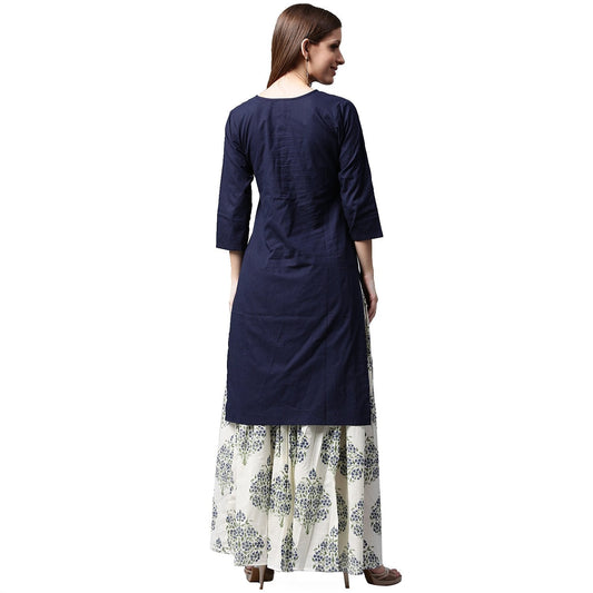 Blue 3/4Th Sleeve Cotton Kurta With White Printed Skirt | LASVINI - Redefining Indian Fashion with Elegance