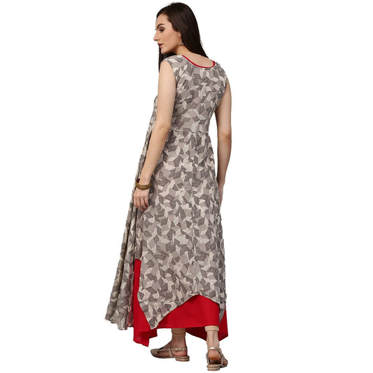 Grey Printed Sleeveless Cotton Assymetric Double Layer Kurta | LASVINI - Redefining Indian Fashion with Elegance