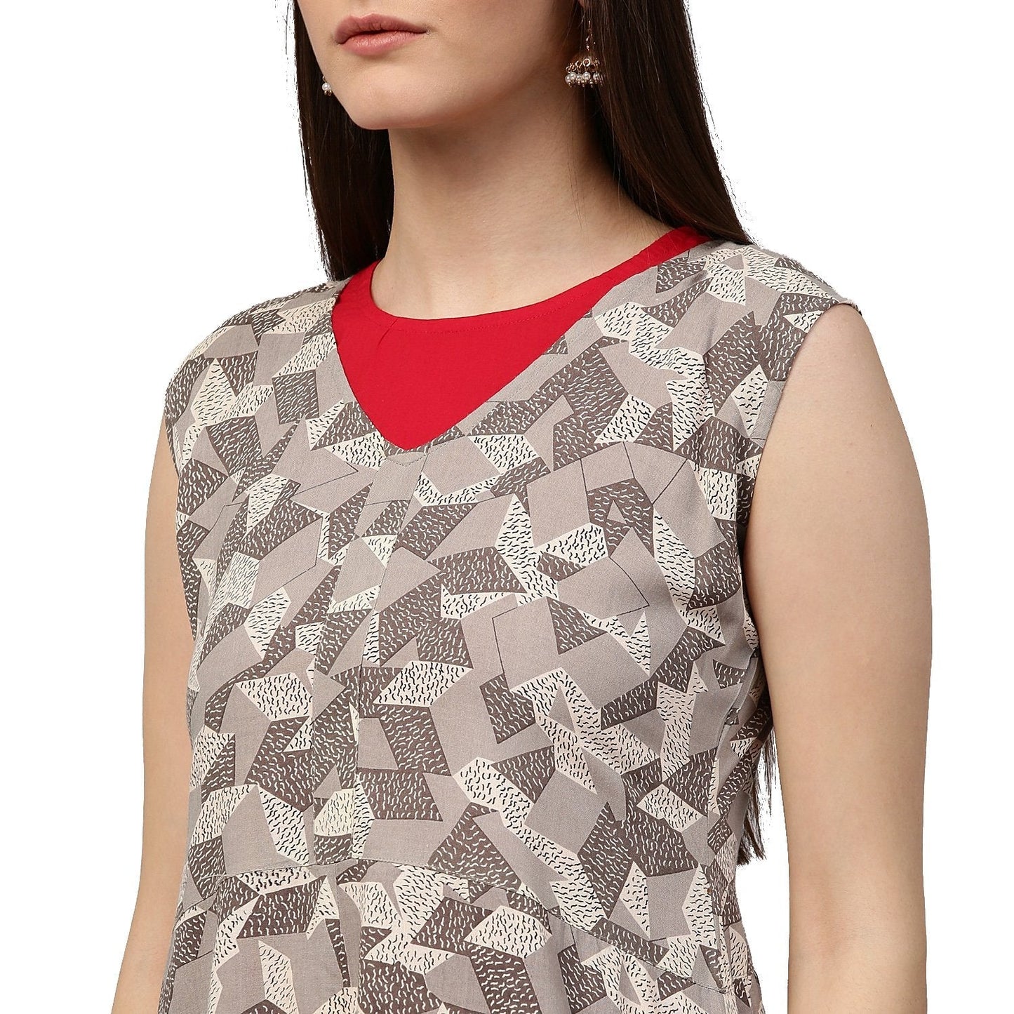Grey Printed Sleeveless Cotton Assymetric Double Layer Kurta | LASVINI - Redefining Indian Fashion with Elegance